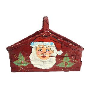 Vintage Christmas Santa Claus Hand Painted Woven Red Holly Basket 10x6x7.5 Inch